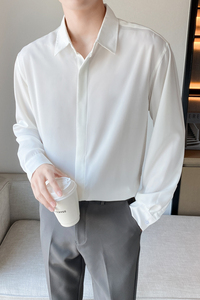 潮流纯色长袖衬衫男2024秋新ins轻熟风宽松休闲青年Q51P48图片