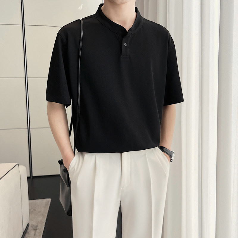 ins轻熟风2024夏季新宽松门筒领潮流男士短袖T恤打底Q152P55,男装T恤,电商A222（原电商A231）