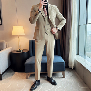 2024春新ins英伦风潮流修身西服男西装三件套装礼服外套Q218P320图片