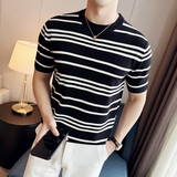 2024夏季新潮流ins修身圆领条纹短袖毛衣针织衫男打底Q252P68，男装针织衫/毛衣，电商A222（原电商A231）