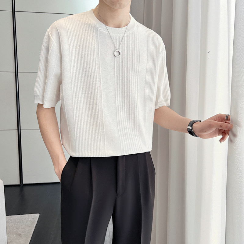 ins轻熟风2024夏新修身潮流条纹针织衫短袖T恤男打底Q3669P55,男装T恤,电商A222（原电商A231）