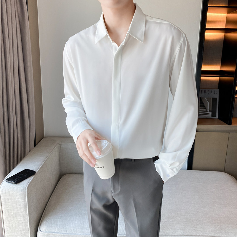 2024春新ins轻熟风宽松休闲青年潮流纯色长袖衬衫男Q51P48图片