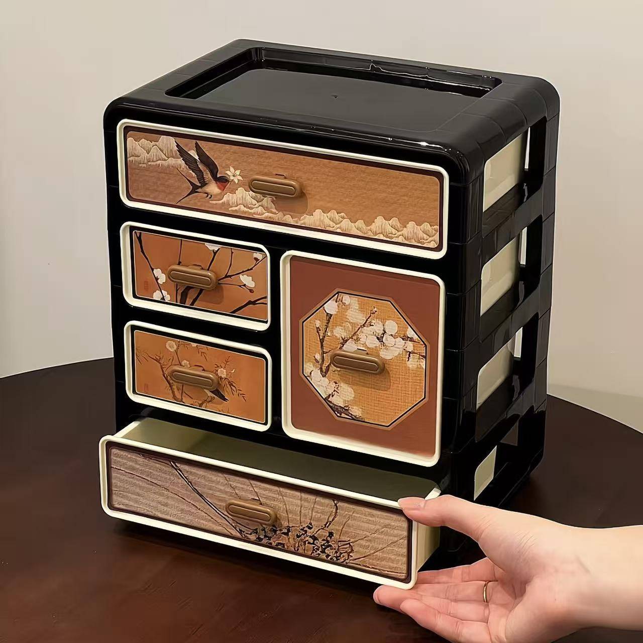 中古风桌面收纳盒家用卧室梳妆台抽屉式化妆品护肤品分格置物架子