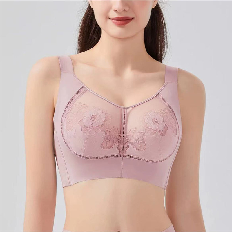 内衣女大胸显小半钢圈刺绣超薄防露五排扣收副乳防下垂调整型文胸