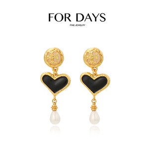 【罗娜专属】FOR DAYS 欧美复古黑色珐琅爱心长款耳环