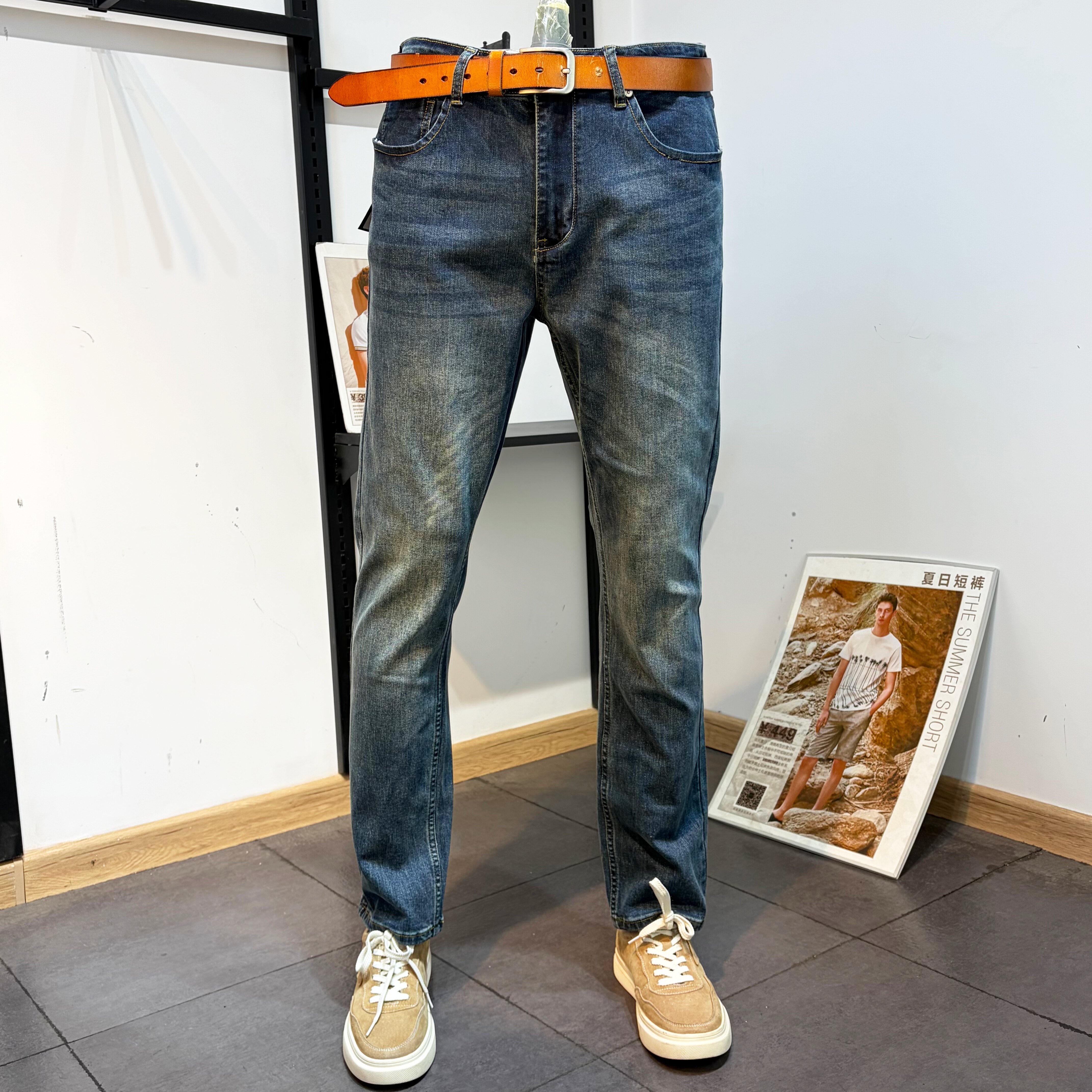 JJ家男装去标男士春秋季修身小脚小直筒蓝色时尚显瘦牛仔裤长裤男