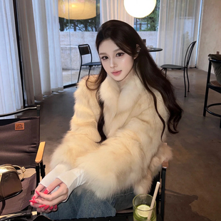 立领毛茸茸上衣 环保狐狸毛皮草外套女冬短款 双色晕染 月光浅金