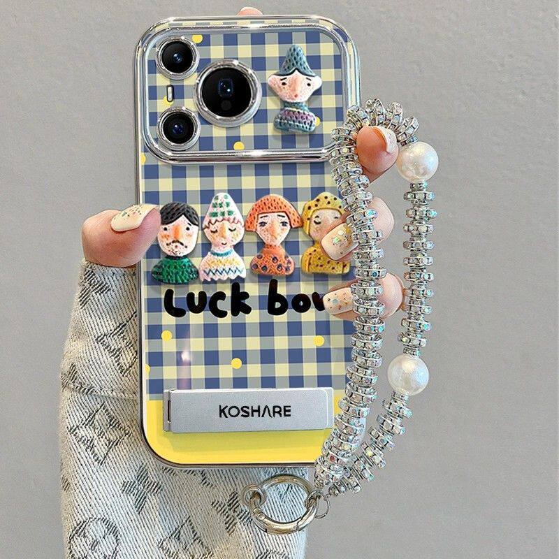 适用华为pura70pro新款手机壳带支架pura70格纹公仔人物70ultra可爱带挂绳p60新款全包防摔p50pro硅胶手机壳