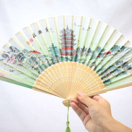 黄鹤楼绿色古风盒装折扇汉服搭配21cm 女士唐装扇武汉文创伴手礼