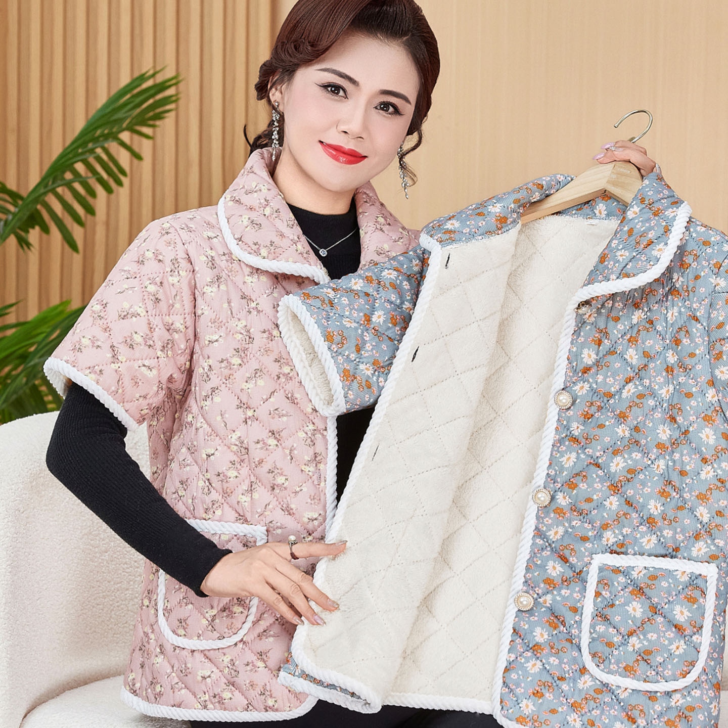 妈妈装护肩马甲女秋冬季加绒加厚短袖棉衣外套中老年半袖马夹棉袄