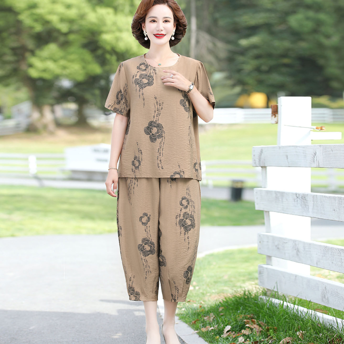 老人套装女冰丝棉麻宽松两件套