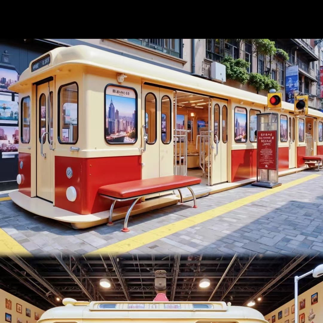 大型复古红色有轨电车模型装饰摆件景区旅游拍照打卡仿真火车头
