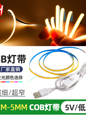 led线性灯cob超窄3mm氛围灯带USB插头APP调光电池盒便携式5v灯条