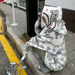 网红爆款美式复古双帽迷彩连帽卫衣拉链开衫原创国潮秋季男女外套
