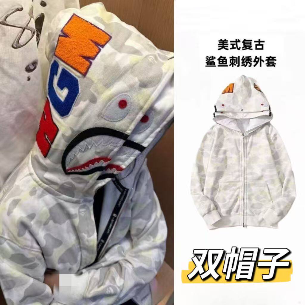 迷彩鲨鱼连帽外套炸街男女情侣嘻哈开衫拉链刺绣卫衣春秋冬长袖衫