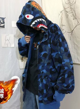 美式复古双帽迷彩连帽加绒卫衣开衫国潮原创春秋男女鲨鱼搞怪外套