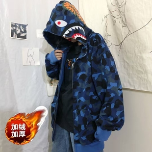 美式复古双帽迷彩连帽加绒卫衣开衫国潮原创春秋男女鲨鱼搞怪外套
