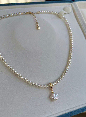 复古百搭法式高亮650色仿施家珍项链星星异形淡水珍珠吊坠