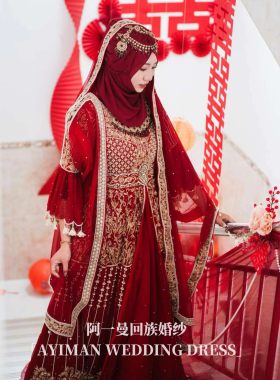 「出租」新款包头回族新娘服中式结婚礼服红色长袖重工刺绣大摆裙