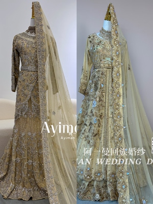 「出租」阿一曼香槟色巴服回族婚纱重工出门纱收腰显瘦