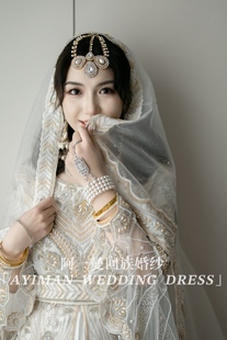阿一曼回族婚纱白色高腰连体收腰显瘦印度纱丽巴基斯坦手工礼服