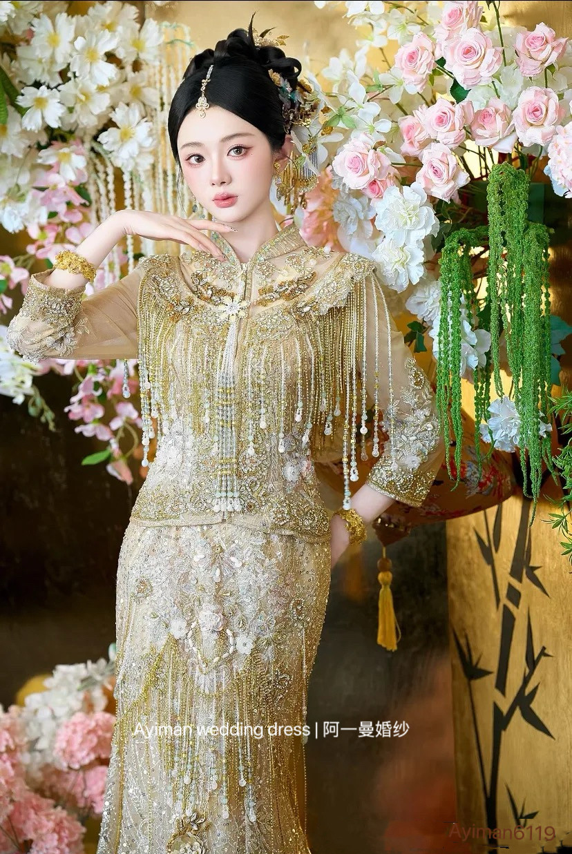 出租礼唐御秀三蓝绣品正版「羽之舞」香槟色鱼尾秀禾重工修身出门