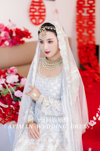 「出租」阿一曼回族婚纱印巴婚纱沙丽楞哈回族出门服主纱白色重工