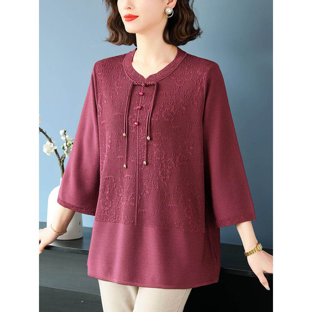 妈妈加肥加大码针织衫春秋洋气国风冰丝上衣女宽松遮肚七分袖T恤