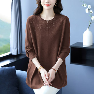 中年妈妈春秋羊毛衫宽松中长款毛衣女加肥大码遮肉上衣针织打底衫