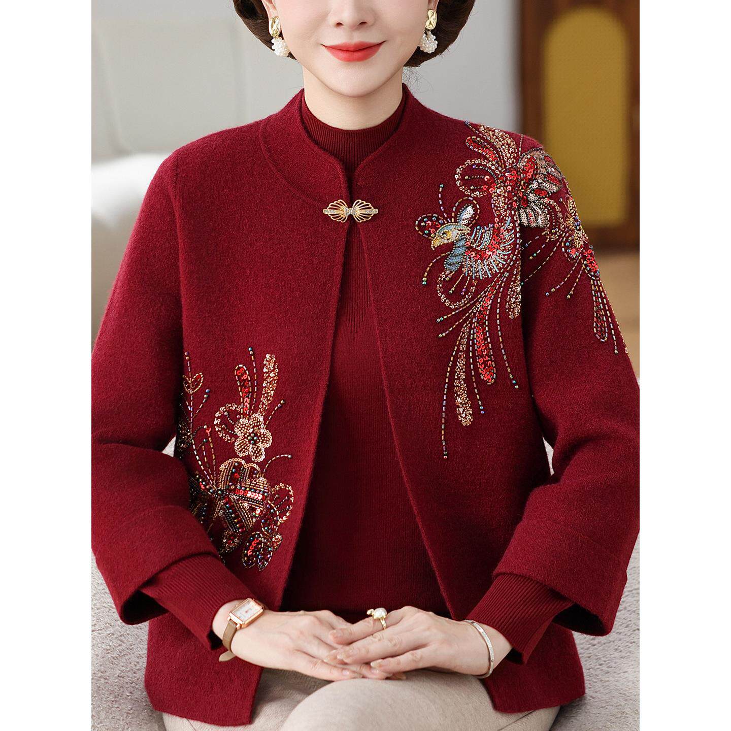 时尚中老年针织衫套装女外套秋装新款喜婆婆妈妈装刺绣国风两件套