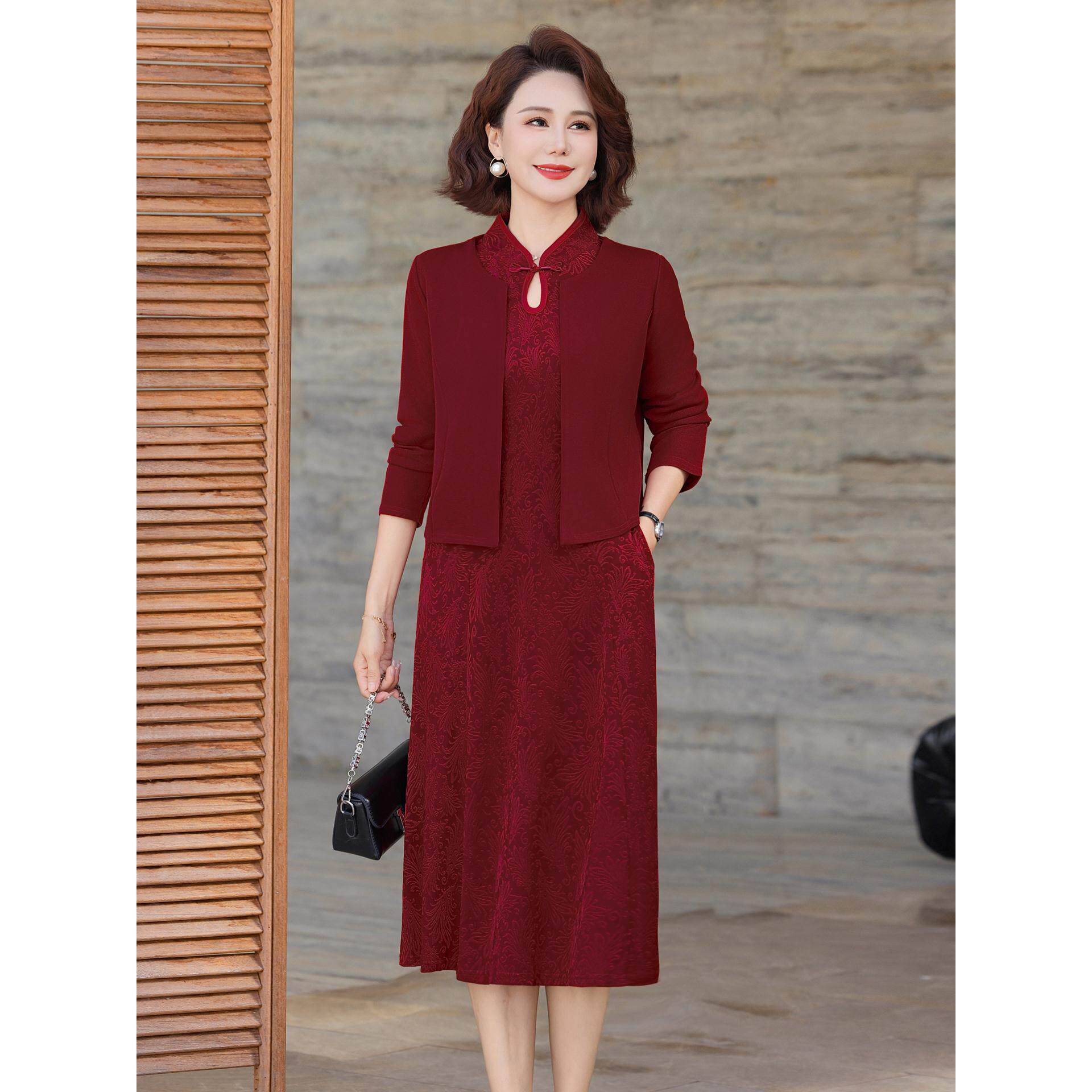 十月结婚妈妈装礼服旗袍裙子嫁女儿喜服喜婆婆婚宴装连衣裙两件套