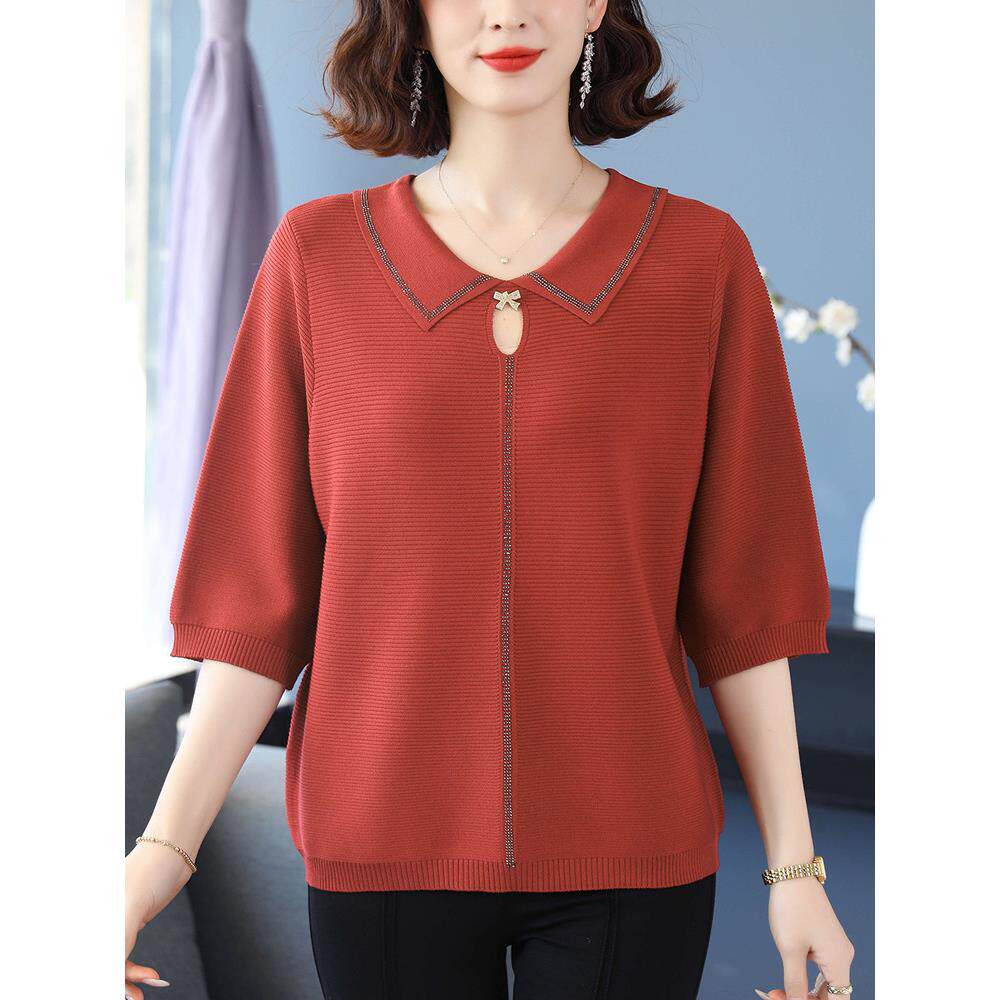中年妈妈装春夏冰丝针织T恤衫宽松洋气翻领上衣女加肥大码中袖t恤