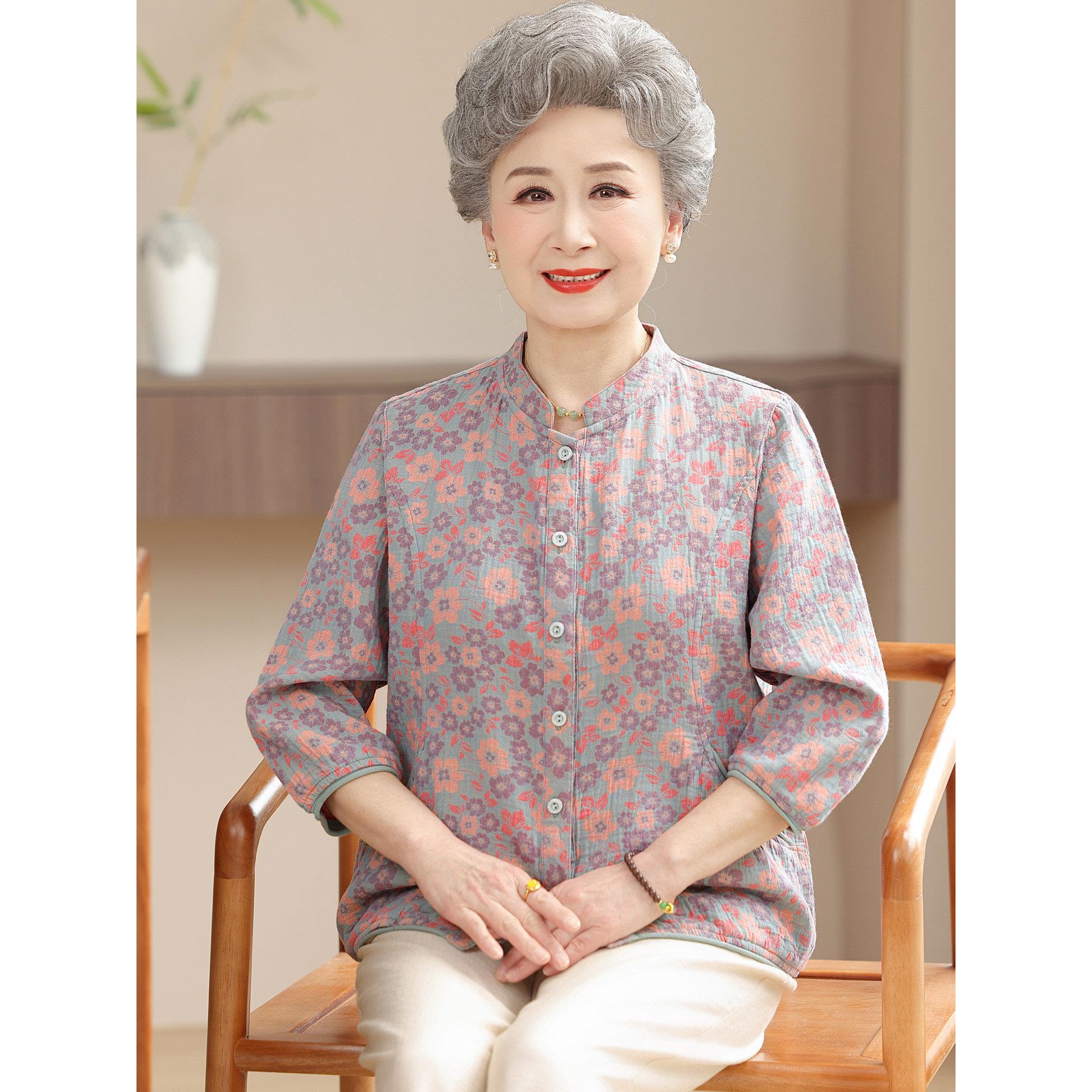 中老年人女装七分袖碎花衬衫妈妈装纯棉上衣奶奶春夏装老太太衬衣
