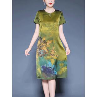 国风印花桑蚕丝裙子 新中式 中老年真丝连衣裙女2025夏季 洋气妈妈装