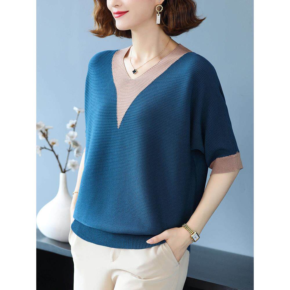 妈妈早秋蚕丝中袖t恤宽松上衣中老年女加肥加大码洋气冰丝针织T恤