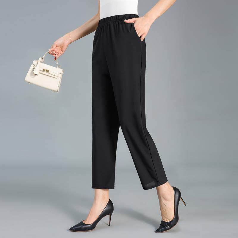 真丝女裤黑色休闲裤夏季薄款裤子九分裤桑蚕丝凉凉裤女小脚直筒裤