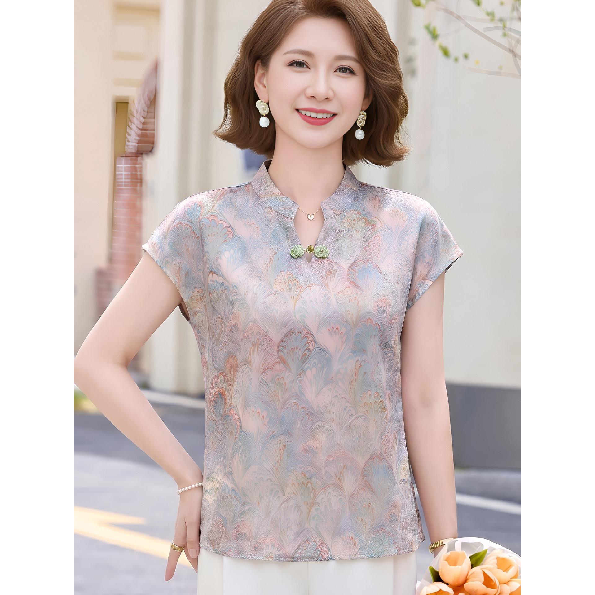 妈妈夏装香云纱真丝短袖上衣小个子中年女国风桑蚕丝旗袍小衫套装