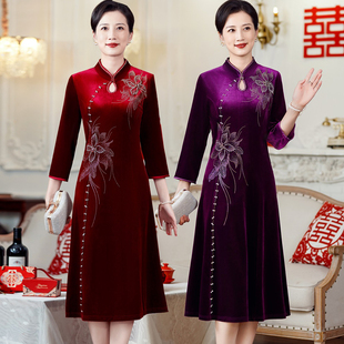中老年洋气春秋季喜婆婆婚宴改良旗袍连衣裙妈妈大码金丝绒礼服女