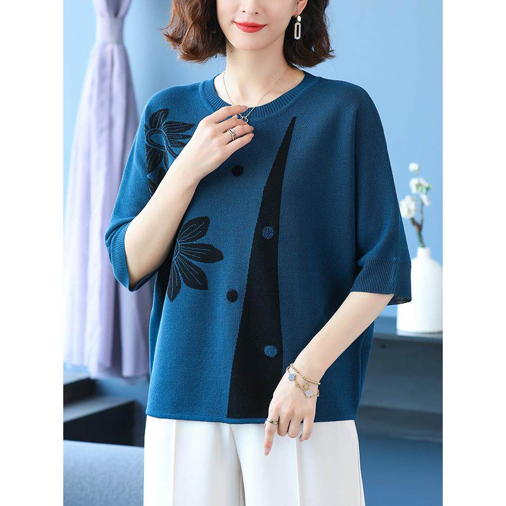 中年妈妈春夏上衣桑蚕丝七分袖T恤加肥加大码女装洋气冰丝针织衫