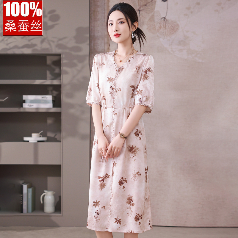 真丝连衣裙女遮肚减龄气质显瘦时尚洋气中老年妈妈装桑蚕丝裙子