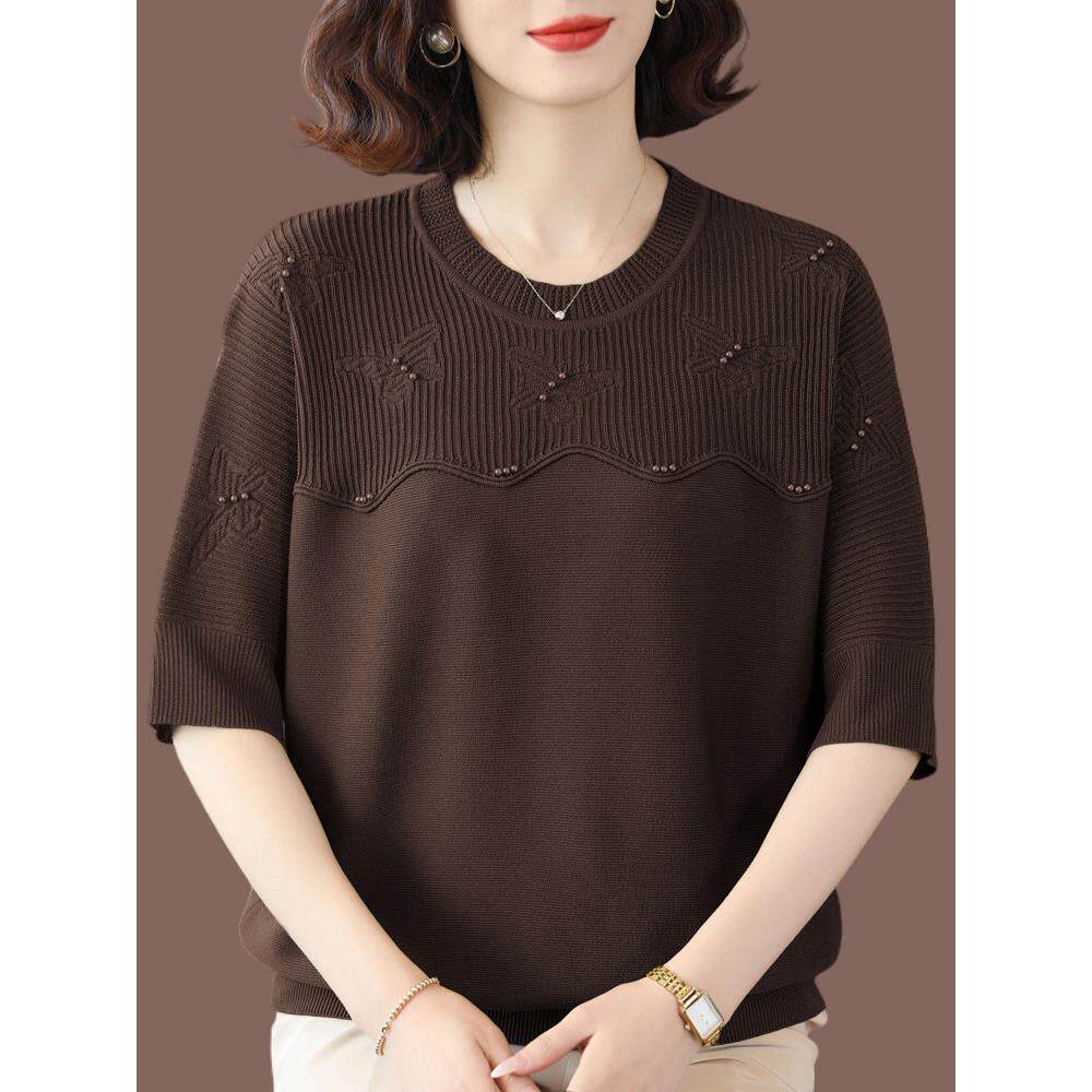 春夏季新款大码桑蚕丝T恤女宽松圆领时尚中袖中年针织冰丝遮肉女