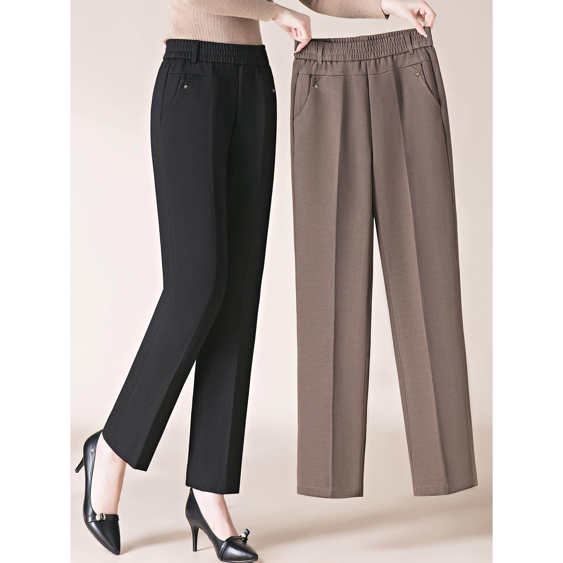 直筒妈妈裤子女春秋季2025新款高腰休闲裤弹力中老年宽松纯色女裤