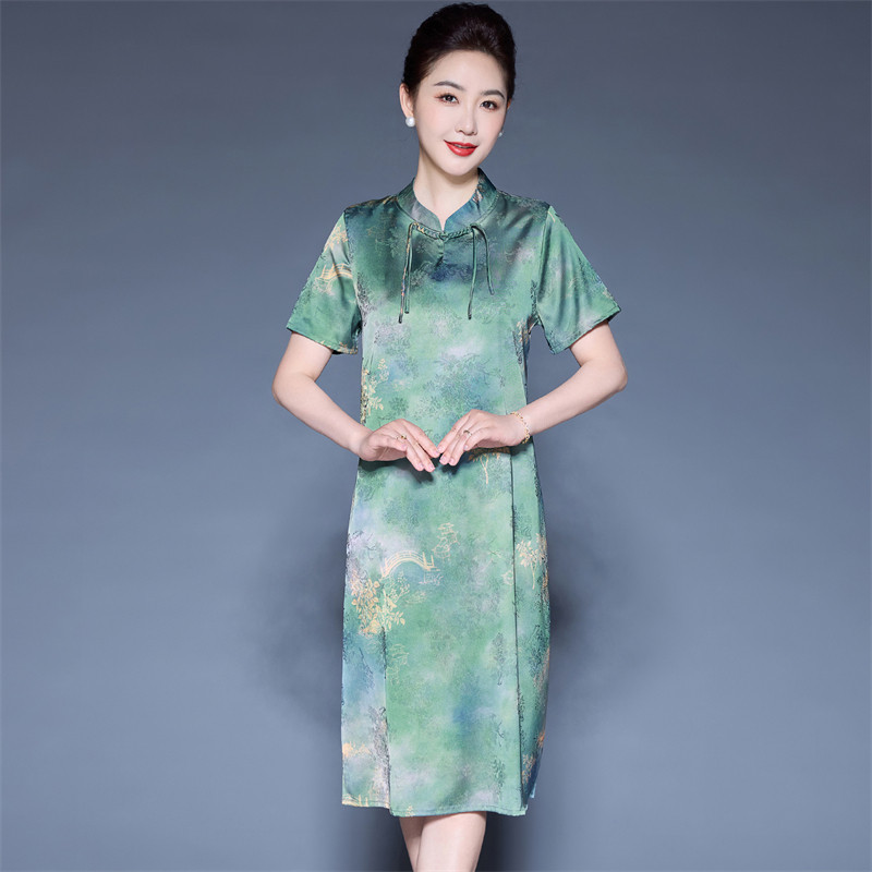妈妈夏装真丝连衣裙女2025夏季新款新中式国风复古印花桑蚕丝裙子
