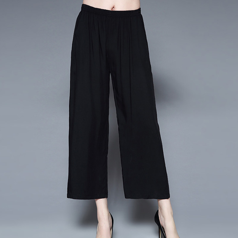 新款真丝女裤妈妈裤子桑蚕丝黑色阔腿裤夏季薄款直筒裤九分裤