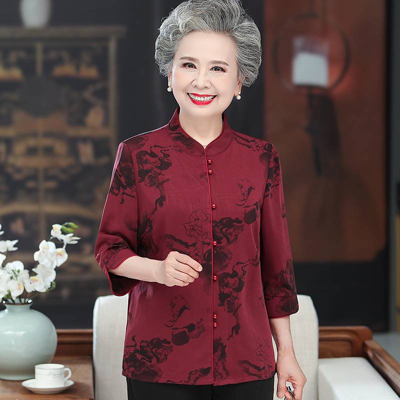 中老年女装桑蚕丝唐装老太太薄款