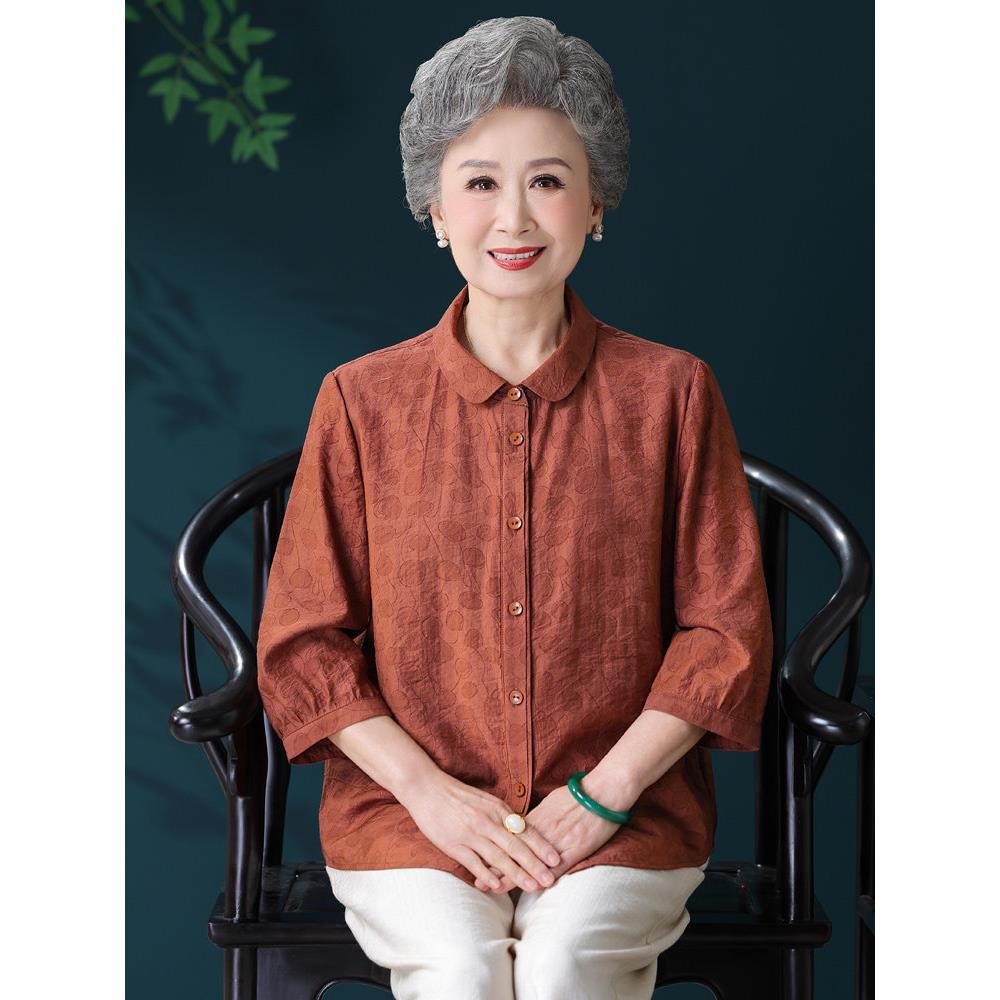 中老年妈妈装夏季中袖棉绸衬衫上衣宽松老年人奶奶装翻领衬衣纯色