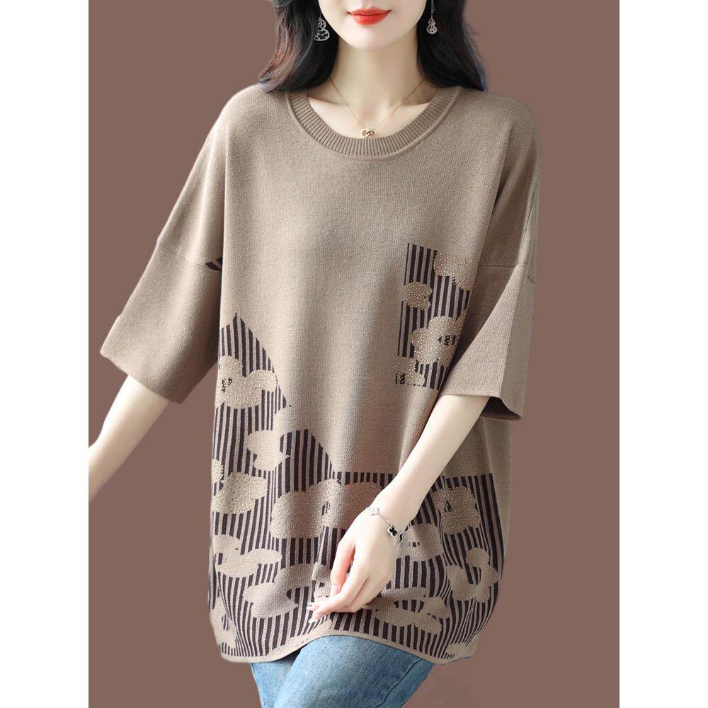 胖mm加大码桑蚕丝中长款宽松中年妈妈针织衫肚子薄款上衣蝙蝠袖女