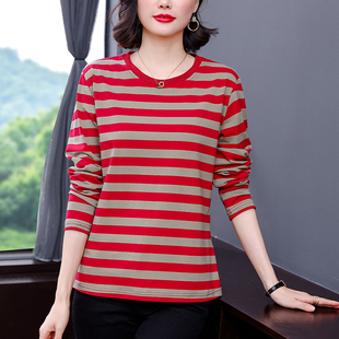 棉质条纹长袖 T恤女宽松显瘦遮肚子洋气上衣 女装 洋气中年妈妈大码