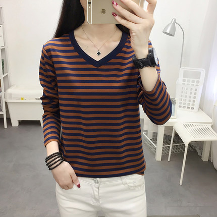 棉质长袖t恤女V领2025新款早春秋加肥加大码宽松内搭条纹打底衫