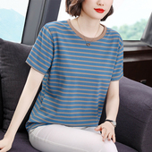 短袖 t恤女士棉质中年妈妈装 2025新款 夏装 大码 宽松遮肚子条纹上衣